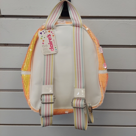 Claire’s Club Girls Pink Orange Yellow Revers Sequin Striped Mini Backpack - Picture 3 of 9
